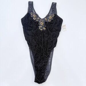 Vintage Crushed Velvet‎ Bodysuit Size S/M? Sheer Back Retro Vamp Pinup Goth Glam